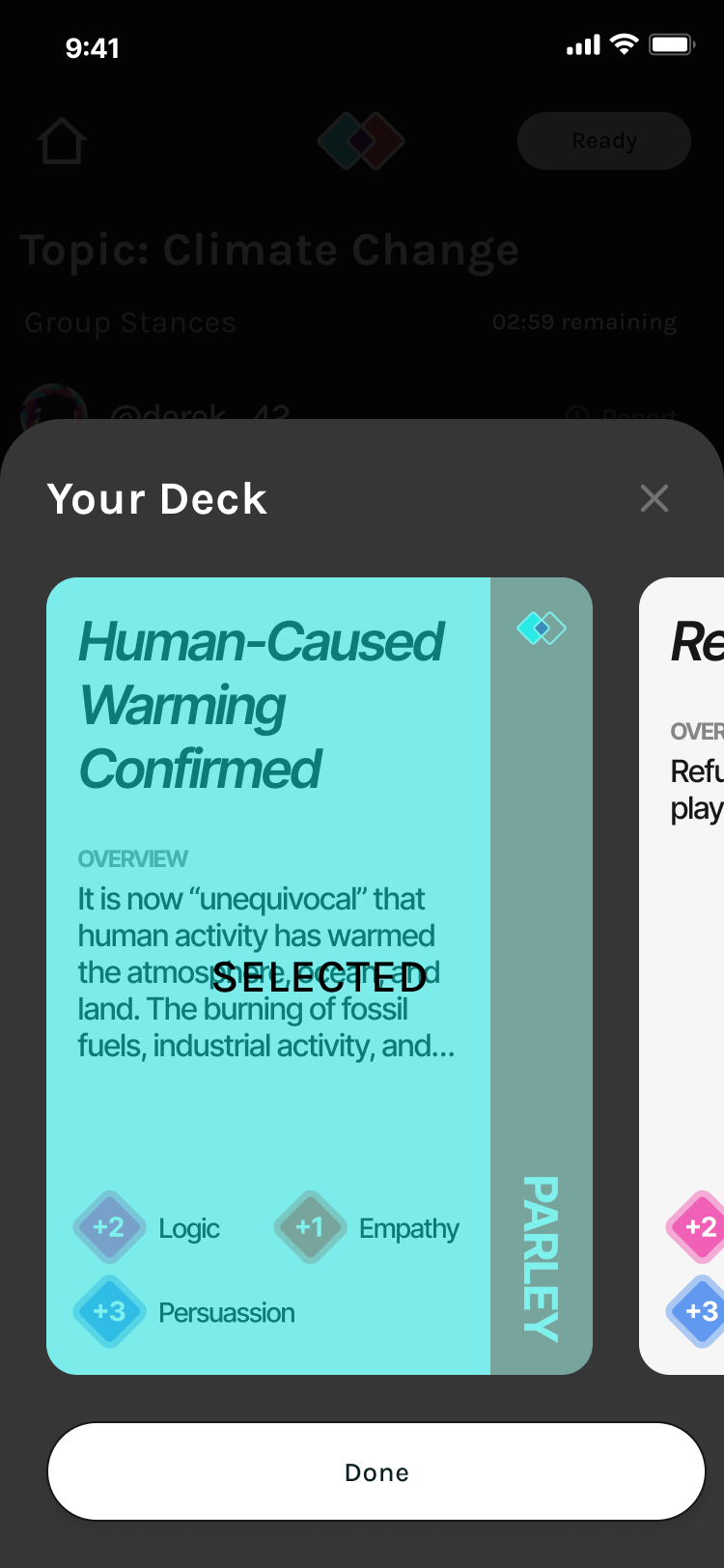 Card selected in Your Deck
