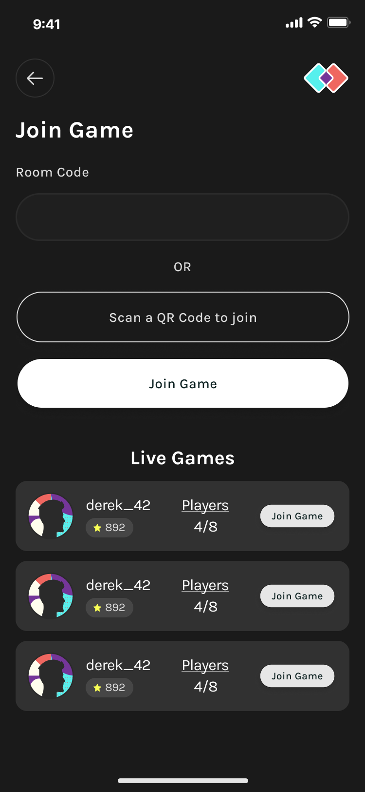 Join game live rooms screen