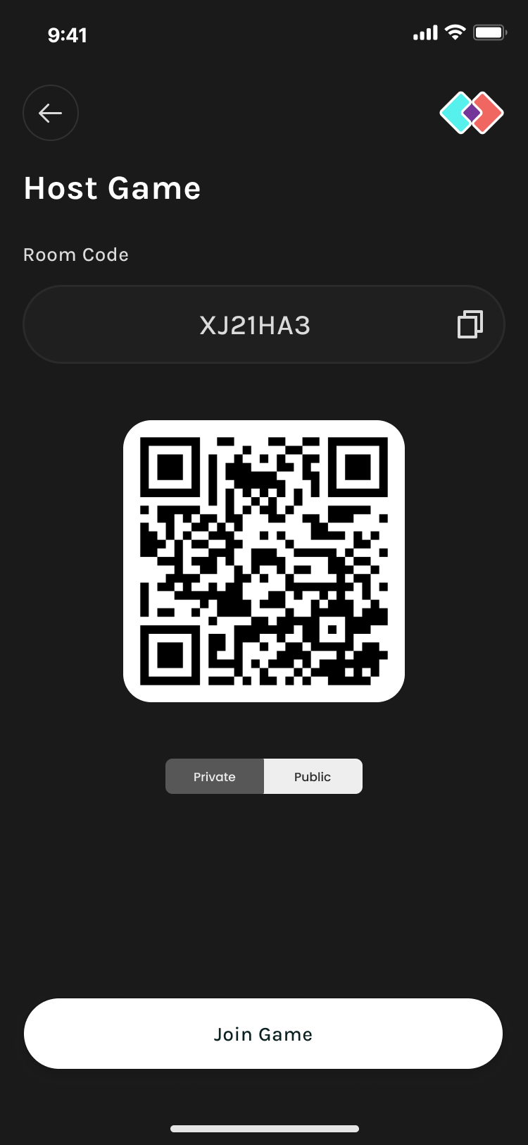 Host game room code screen
